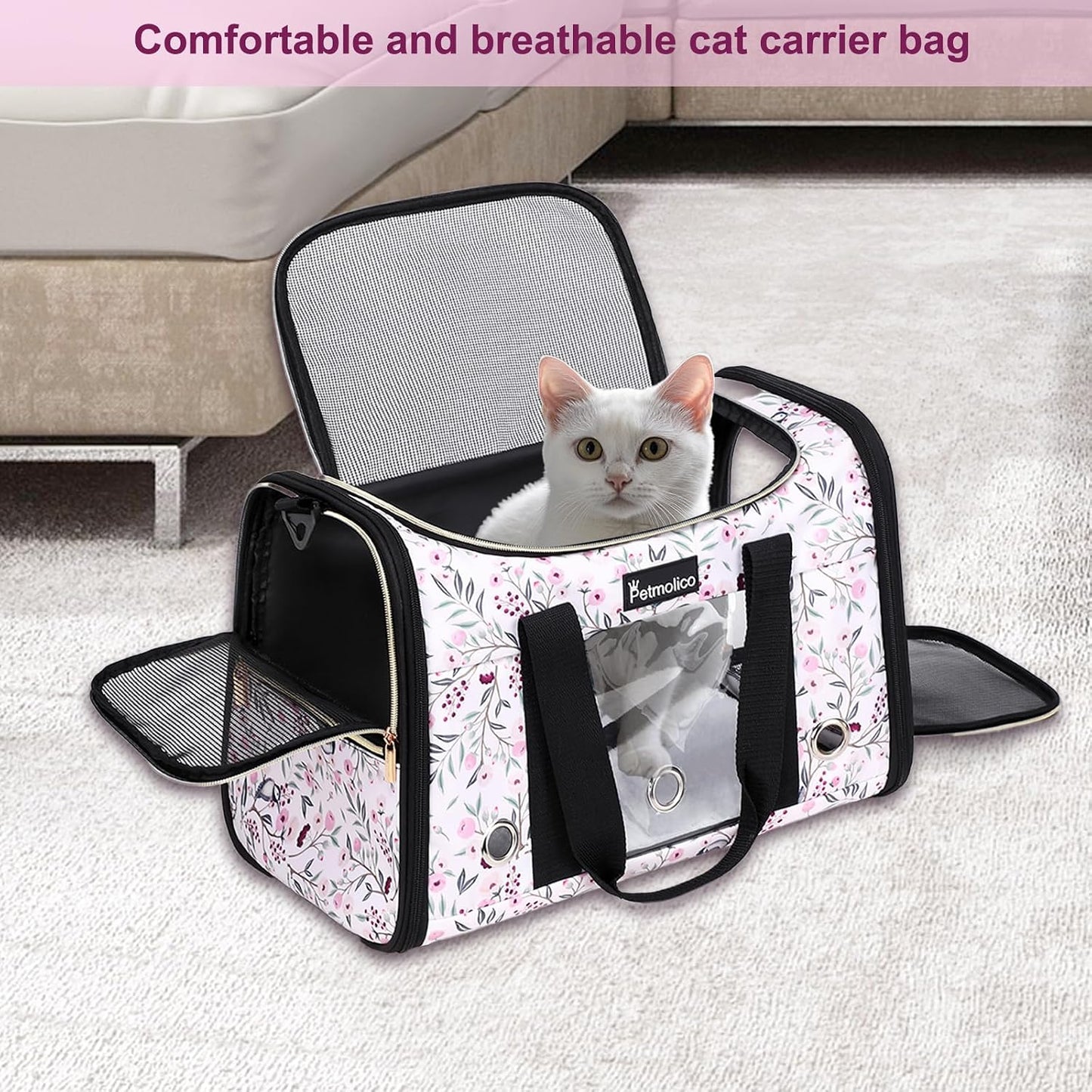 Petmolico Cat Carrier Soft-Sided Pet Bag for Small Medium Cats Puppies 16LBs - Airline Approved Pet Travel Carrier 3 Open Doors (Medium,Mixed Pink)