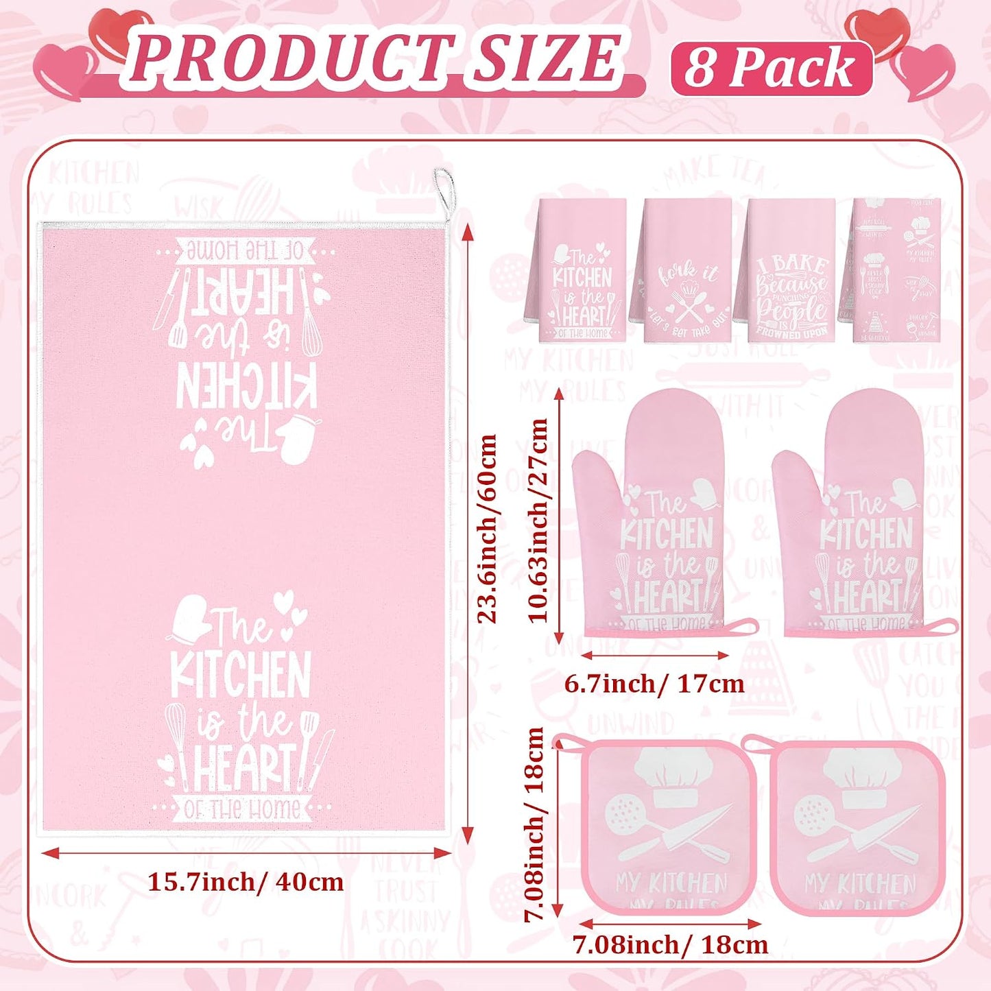 8 Pcs Pink Kitchen Decor Set 4 Pink Kitchen Dish Towels 2 Oven Mitt 2 Pot Holders for Kitchens Cooking Baking Spring Decoration Farmhouse Housewarming Accessories