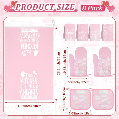 8 Pcs Pink Kitchen Decor Set 4 Pink Kitchen Dish Towels 2 Oven Mitt 2 Pot Holders for Kitchens Cooking Baking Spring Decoration Farmhouse Housewarming Accessories