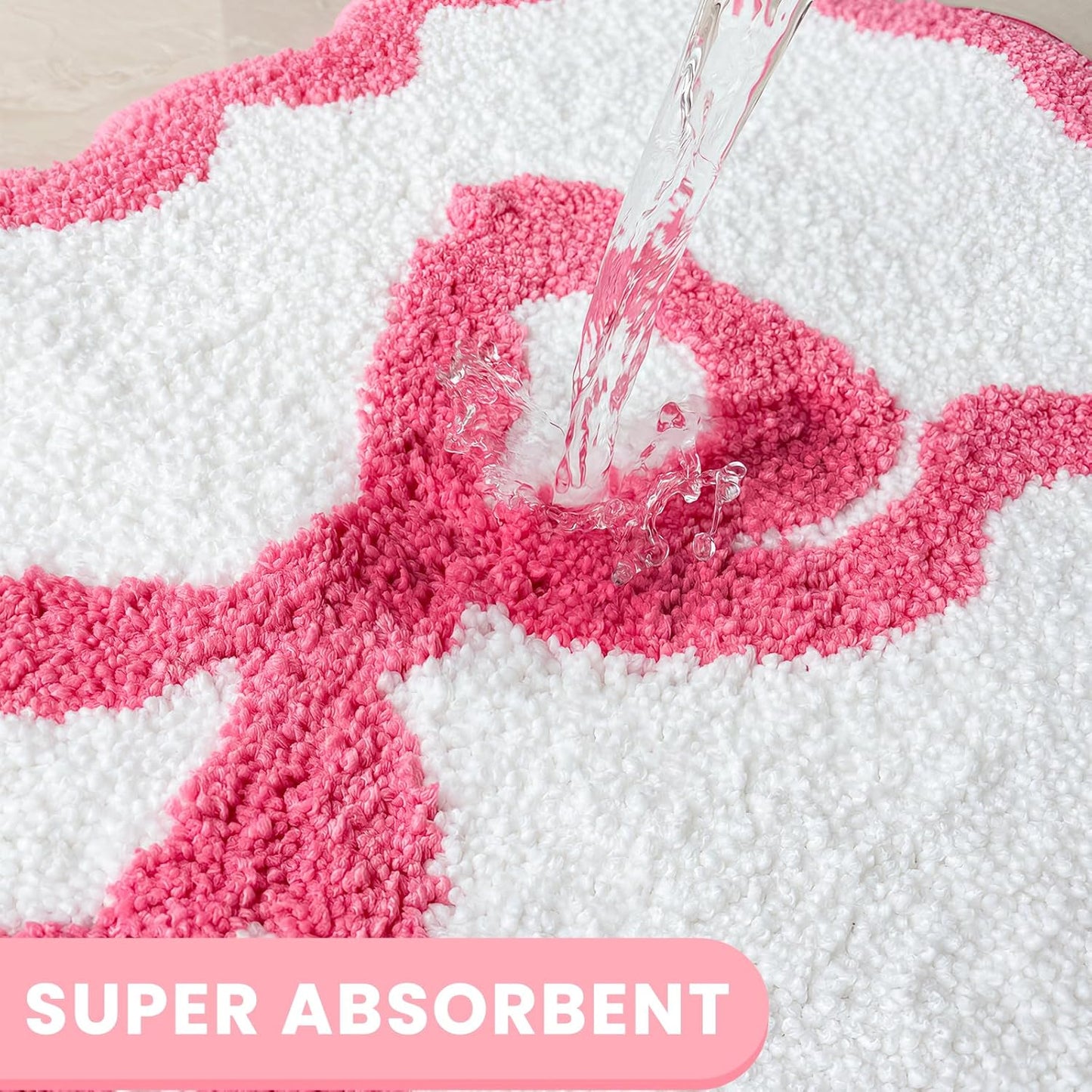 Pink Bow Bathroom Rug Mat Set 3 Piece, Microfiber Shaggy Bath Set, Non-Slip Ultra Soft Carpet Mats, Absorbent with U-Shaped Toilet for Bathroom, Tub, Shower (Pink)