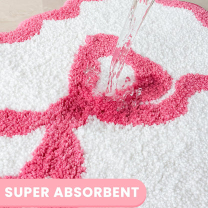 Pink Bow Bathroom Rug Mat Set 3 Piece, Microfiber Shaggy Bath Set, Non-Slip Ultra Soft Carpet Mats, Absorbent with U-Shaped Toilet for Bathroom, Tub, Shower (Pink)