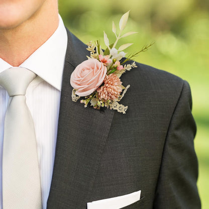 Pink Artificial Wrist Corsage and Boutonniere Set, Set of 2, Wristband Bride Hand Flower Men Boutonniere for Groom Wedding Party Prom Homecoming