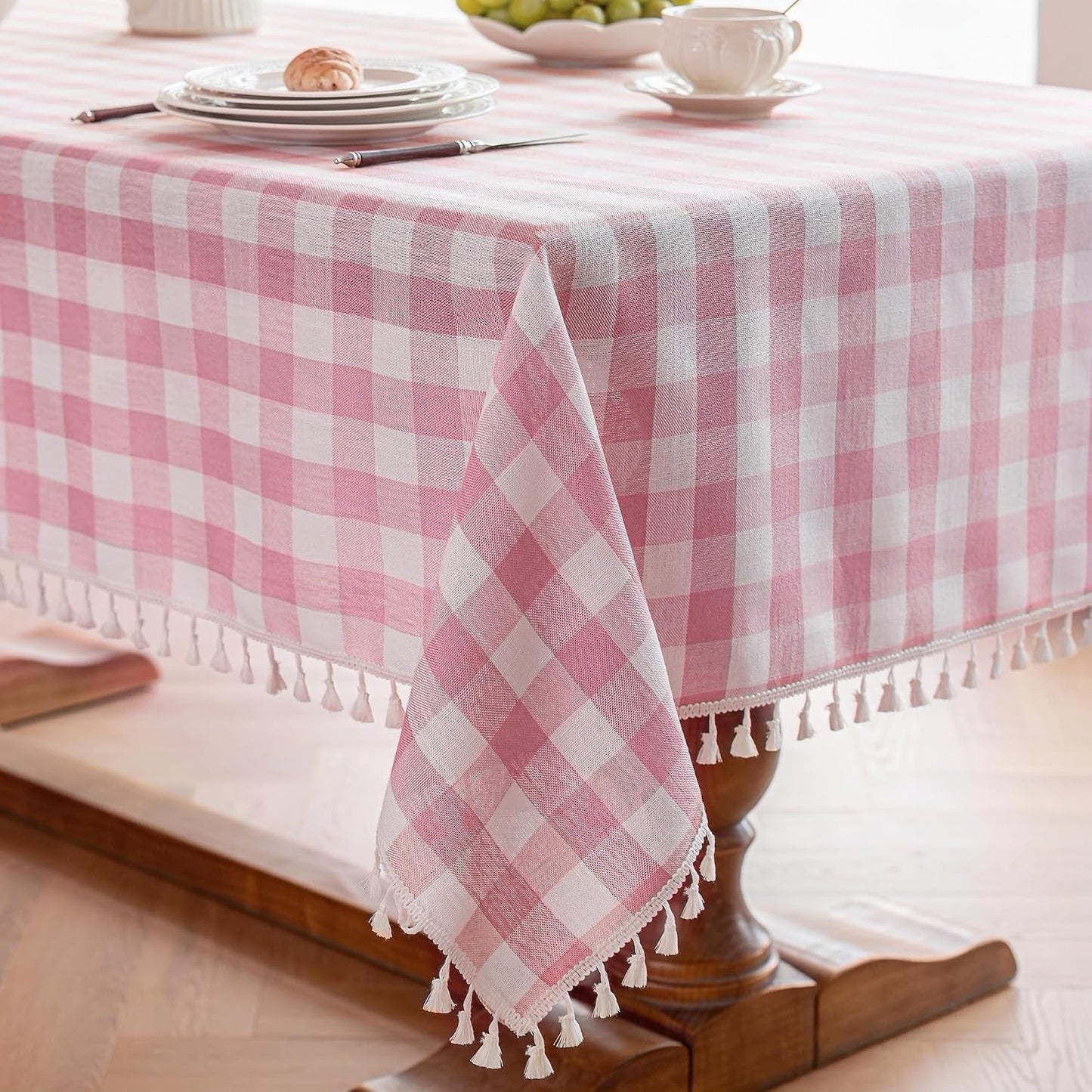 Checkered Tablecloth, Cotton Linen Gingham Table Cloth for Rectangle Table with Tassel, Washable Heavy Duty Wrinkle Free Plaid Table Cover for Dining Picnic Camping, Pink, 90 X 55 Inch