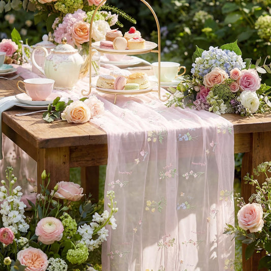 Remagr 9.8 ft Pink Flower Tulle Table Runner Embroidery Seasonal Table Decorations Tulle Fabric for Home Indoor Decor, Bridal Shower Wedding, Baby Shower Parties, Holiday DIY Craft Kitchen Decor