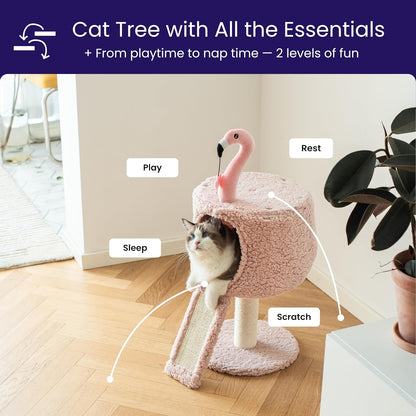 Catry 2-Level Small Cat Tree with Condo, Sisal Scratching Ramp & Post | Cute Pink Flamingo-themed Cat Tree with a Cozy Condo, Replaceable Sisal Scratching Posts, Sisal Ramp, and a Built-in Toy