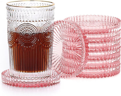 JUXYES 8 Pack Clear Pink Crystal Coasters Round Cup Mat, Glass Coasters for Drinks Coffee Tea Wine, Decorative Wine Bottle Coaster, Crystal Drink Coasters for Restaurant bar Kitchen Dining Table