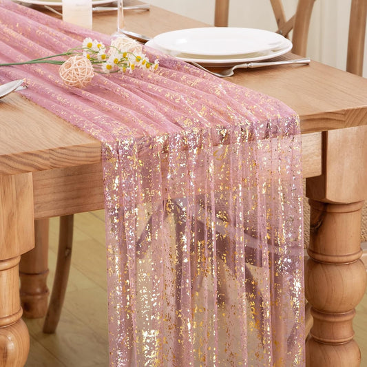 P Pothuiny 2 Pcs Dusty Pink Table Runner 28 x 120 Inch, Glitter Metallic Foil Tulle Table Runner Party Golden Sheer Gauze Table Decor for Wedding Birthday Christmas Anniversary
