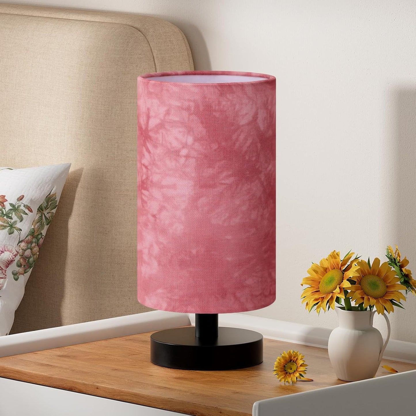 Fenmzee Small Table Lamp for Bedroom - Inline Control, Bedside Lamp with 3000K A15 LED Blub, Easy Assembly (Pink Shade - Black Base, 9" Inline Control)