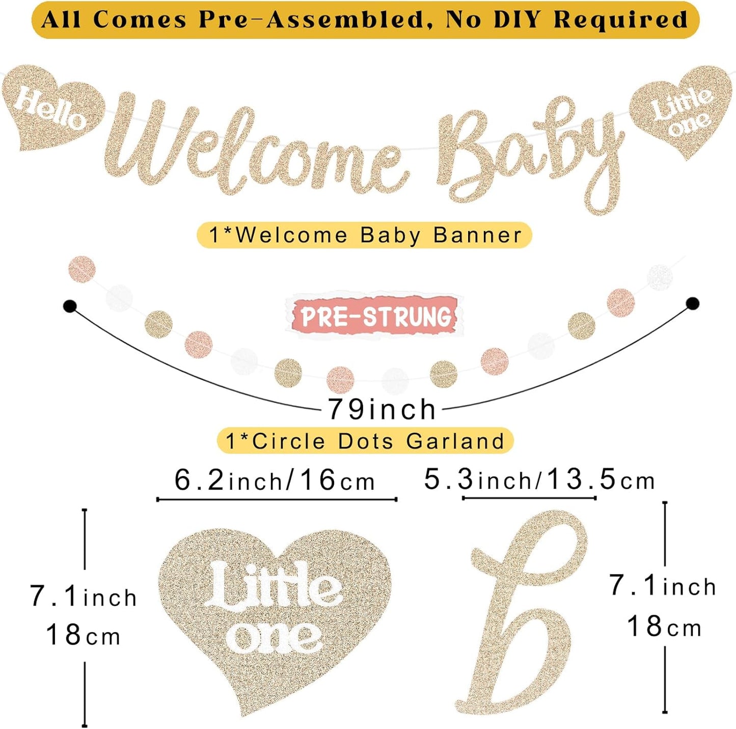 Ivory Blush Pink Baby Shower Decorations for Girl, Pre-Strung, 24pcs | Welcome Baby Banner, Honeycomb Balls, Paper Flowers, Lanterns, Fans, Streamers, Dots Garland for Girl Baby Shower Decorations