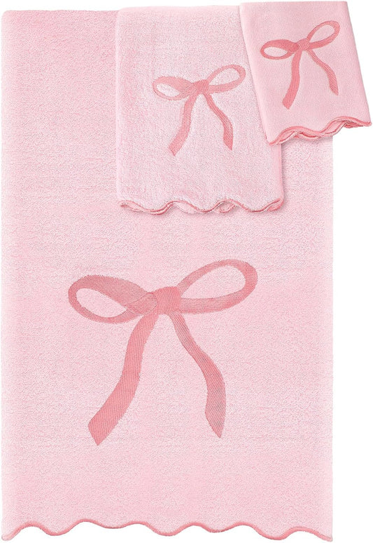 Fanfanwin 3 Pcs Pink Bow Bathroom Towel Set, Scalloped Coquette Fingertip Towels with Embroidery, 100% Cotton Absorbent Hand Towels for Bathroom, Kitchen, Wedding Gifts, Preppy Bath Decor