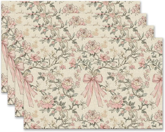 Vintage Chinoiserie Peony Floral Placemats Set of 4 12x18 Inch, Coquette Pink Bow Flowers Aesthetic Table Mats Washable Placemat for Home Party Kitchen Dining Room Decoration
