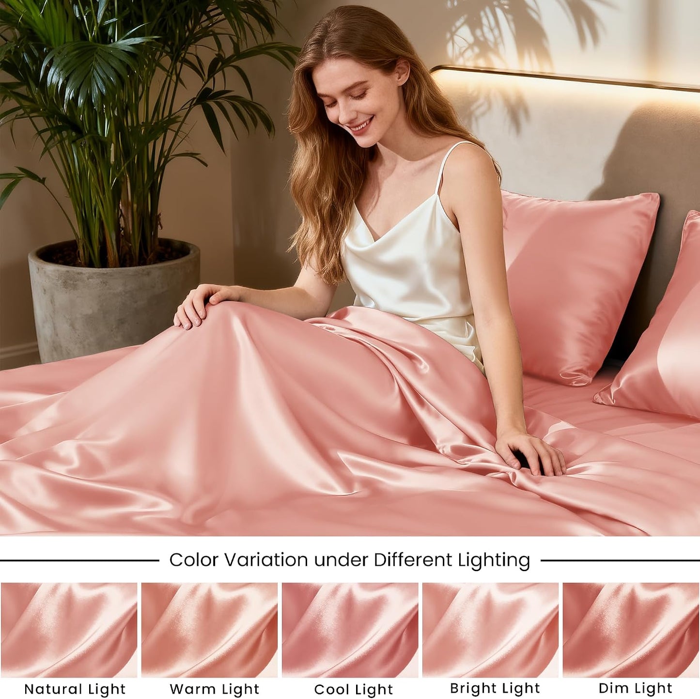 Love's cabin Full Size Satin Sheet Sets - 4 Piece Coral Silky Satin Sheet Set Full with Deep Pocket, Luxury Silk Feel Satin Bed Sheets Full Bedding Set (1 Flat Sheet,1 Fitted Sheet,2 Pillow Cases)