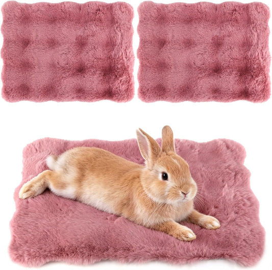 2 Pack Rabbit Mat, Soft Plush Bunny Bedding with Non-Slip Bottom, Washable Fluffy Guinea Pig Cage Liner, Small Pet Sleeping Pads for Hamster, Chinchilla, Pink