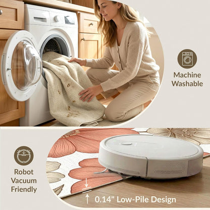 5'x7' Washable Flatwoven Rug, Peach Modern Floral Stain Resistant Area Rug for Guest Room, Lounge, Apartment, Non-Slip Low Profile Floor Covering | Ref:2129430