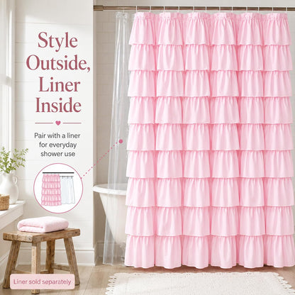 Pink Ruffle Shower Curtain - Farmhouse Ruffled Fabric for Bathroom 72 inches x 72 inch