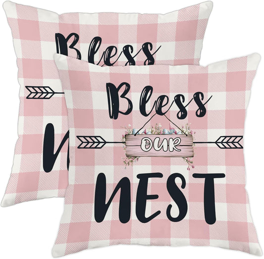 Bless Our Nest Pillow Covers Set of 2, Peach Checkered Farmhouse Decorative Throw Pillow Cases, Spring Home Decor for Sofa Couch and Bed 18x18 Inch
