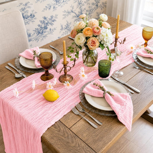 12 Pack Light Pink Cheesecloth Table Runner, 21 x 120 inch Boho Gauze Cheese Cloth Table Runners, 10 FT Long Rustic Semi Sheer Table Runners for Wedding,Bridal Shower,Banquet,Party Home Decor