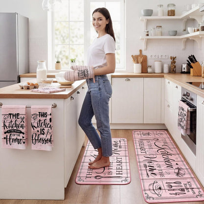 Fourluoo 10 Pcs Farmhouse Pink Kitchen Decor and Accessories Set Kitchen Towels and Rugs Pot Holders Oven Mitts for Cooking Baking Mom Housewarming Gifts
