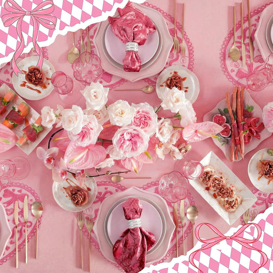 Maxdot 6 Pcs Pink Heart Placemats Coquette Bow Table Mats Lace Decorative Placemats for Anniversary Wedding Birthday Bridal Wedding Party Table Setting
