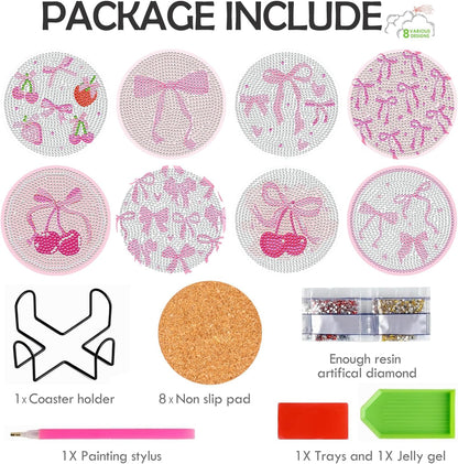 Pink Bow Diamond Art Coasters Kits - 8 PCS DIY Non Slip Diamond Painting Coasters with Holder Bowknot Cherry Strawberry Gem Art Craft Supplies for Adults Beginners Women Coquettee Home Table Decor