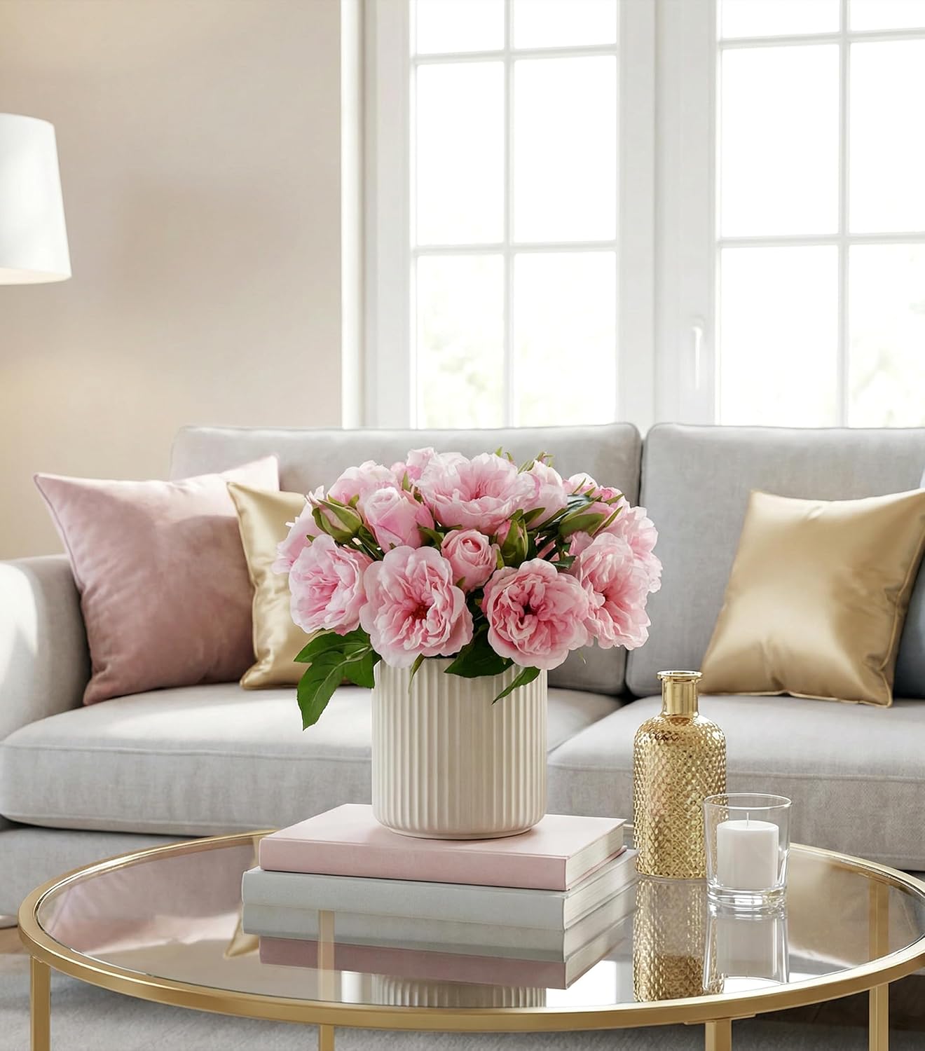 florisso Light Pink Rose Artificial Flowers - 13 Branches Faux Roses for Vase Decor, Wedding Centerpieces & Living Room Accents (Silk Artificial Roses)