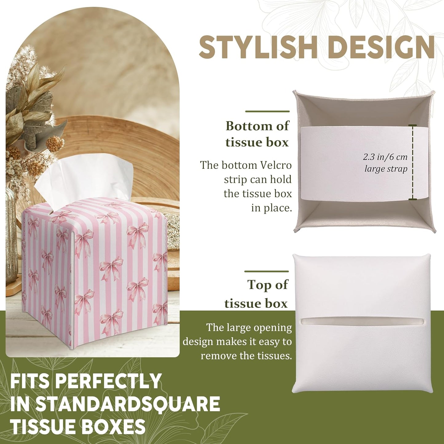Pink Bow Decorative Leather Tissue Box Cover - Tissue Box Holder Gifts for Women Family and Friends Funny Unique Home Decor Decorative for Kids Room Kitchen Bathroom Office - A22