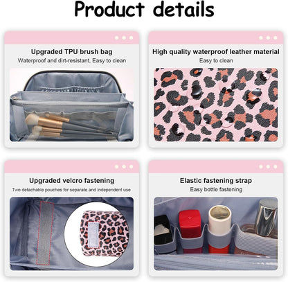 BOYATU Travel Makeup Bag Organizer: 3 Pcs Set Leopard Make up Bag for Women | Vegan Leather Cosmetic Bags with Compartments - Waterproof Toiletry Bag - 180° Open-Flat Make up Case for 3-15 Day Trips