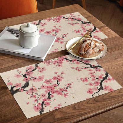 Spring Flowers Placemats Set of 4, Washable PVC Kitchen Table Mats Place Mats, Country Pink Peach Blossoms Botanical Floral Woven Vinyl Placemat for Dining Table, 13" x 19"