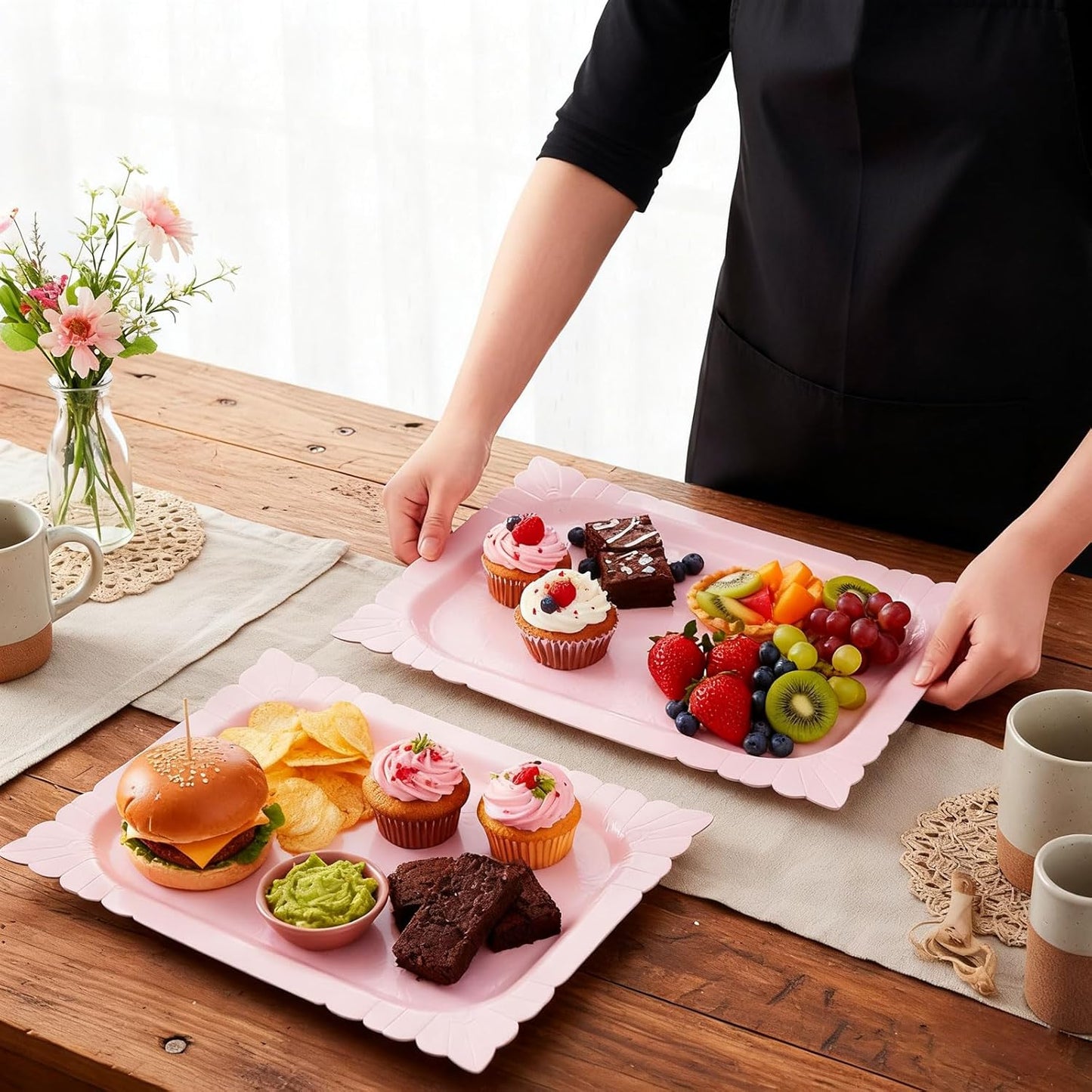 Honeydak 4 Pcs Rectangle Serving Trays Heavy Duty Disposable Paper Cardboard Serving Platter for Food Tea Fruit Trays Cupcake Display Dessert Table Decorations Birthday Party Supplies(Pink)