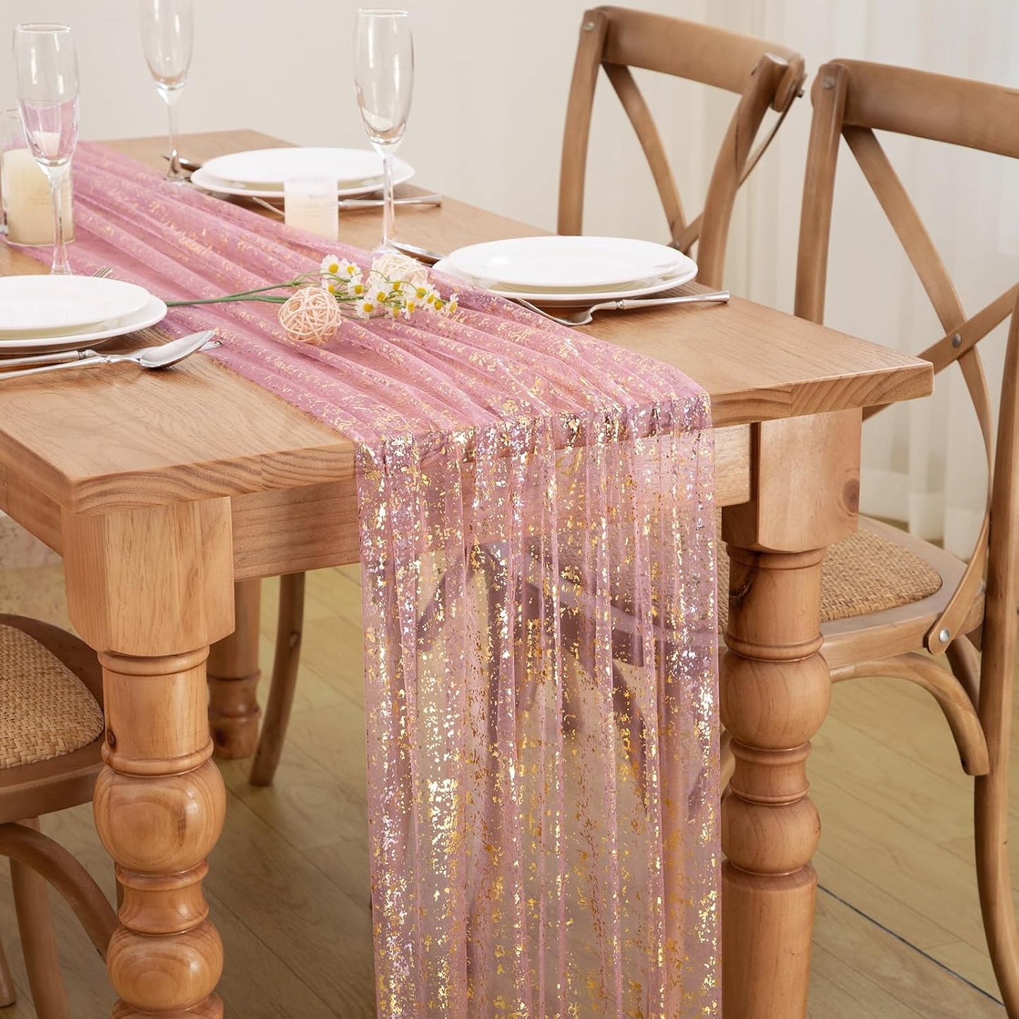 P Pothuiny 2 Pcs Dusty Pink Table Runner 28 x 120 Inch, Glitter Metallic Foil Tulle Table Runner Party Golden Sheer Gauze Table Decor for Wedding Birthday Christmas Anniversary