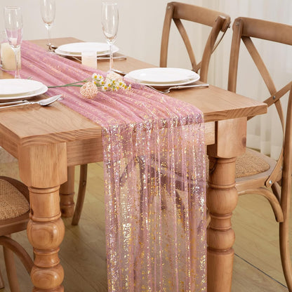 P Pothuiny 2 Pcs Dusty Pink Table Runner 28 x 120 Inch, Glitter Metallic Foil Tulle Table Runner Party Golden Sheer Gauze Table Decor for Wedding Birthday Christmas Anniversary