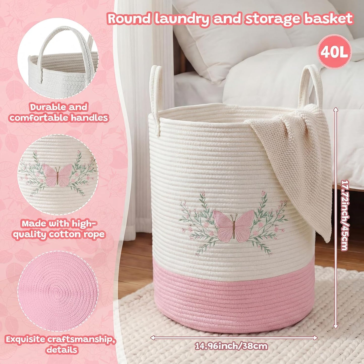 Honeydak Pink Butterfly Laundry Basket Hamper Coquette Laundry Basket Embroidered Cotton Rope Hamper 15 x 17.7 Inches Toy Box Large Coquette Decor Teen Girl Room Storage for Cloth Organization