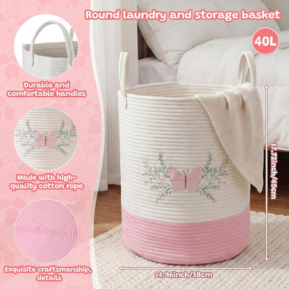Honeydak Pink Butterfly Laundry Basket Hamper Coquette Laundry Basket Embroidered Cotton Rope Hamper 15 x 17.7 Inches Toy Box Large Coquette Decor Teen Girl Room Storage for Cloth Organization