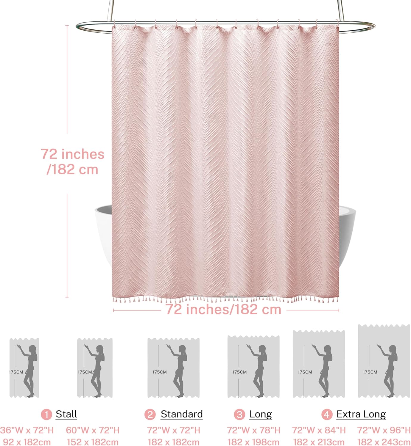 Siiluminisoy Pink Shower Curtain Cute Shower Curtain Fabric Shower Curtains for Girl Tufted Leaves Textured Striped Modern Cloth Shower Curtains for Bathroom, 72" x72"