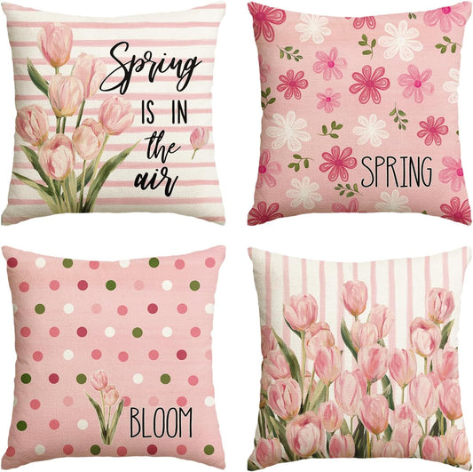AVOIN colorlife Spring is in The Air Tulip Throw Pillow Covers, 18 x 18 Inch Bloom Flowers Pink Polka dot Stripe Cushion Case Decoration for Sofa Couch Set of 4