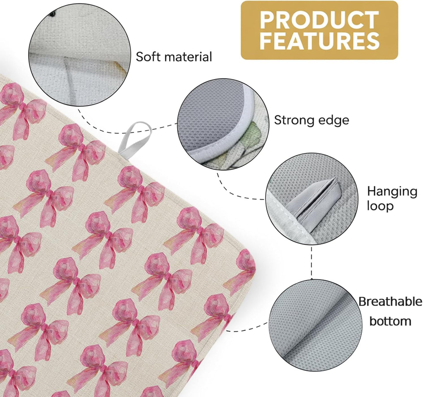 Dish Drying Mat Pink Bow Kitchen Counter Drying Pad for Dishes Glasses Cups and Cookware Linen Background Absorbent Dish Drying Mat Machine Washable Kitchen Accessories 16" x 18"