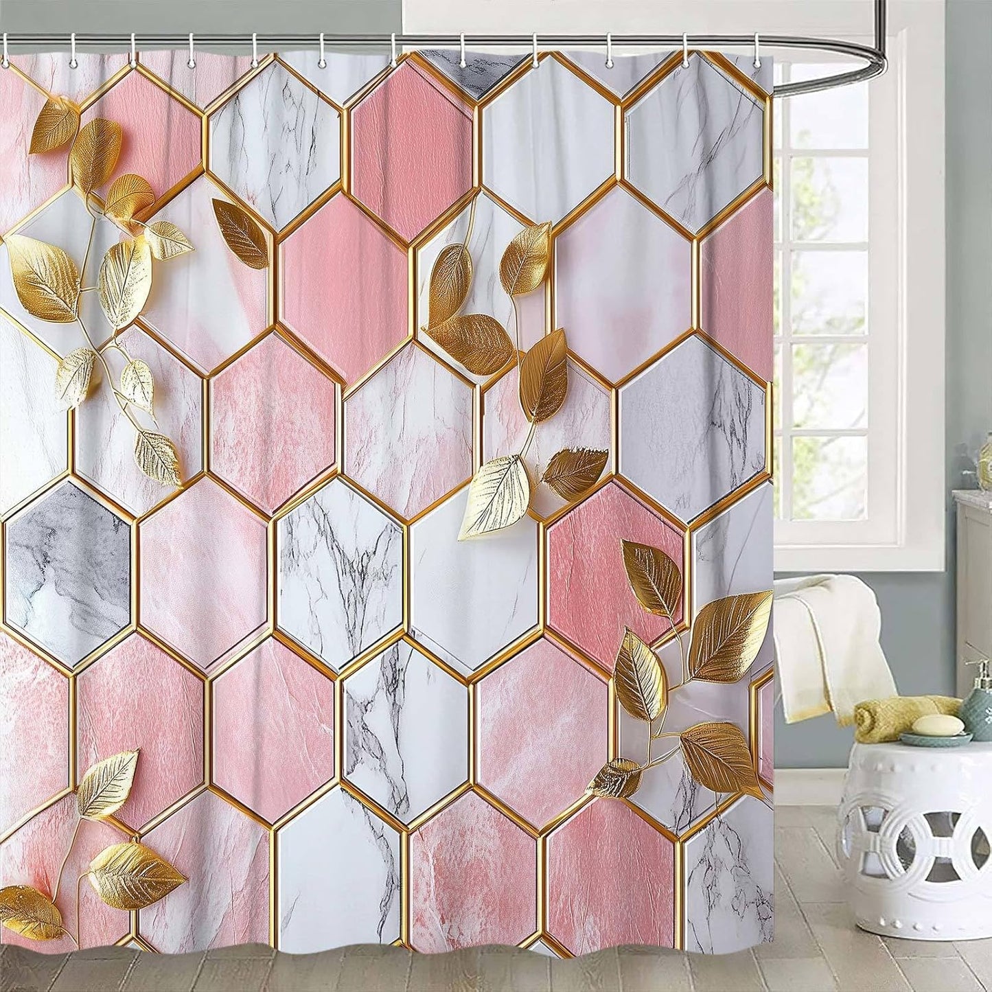 JAWO Pink Shower Curtain, Modern Abstract Geometric Shower Curtains for Bathroom Decor, Gold Leaves Waterproof Polyester Fabric Shower Curtain with 12 Hooks, 36x72