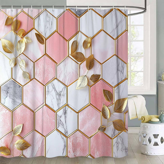 JAWO Pink Shower Curtain, Modern Abstract Geometric Shower Curtains for Bathroom Decor, Gold Leaves Waterproof Polyester Fabric Shower Curtain with 12 Hooks, 36x72