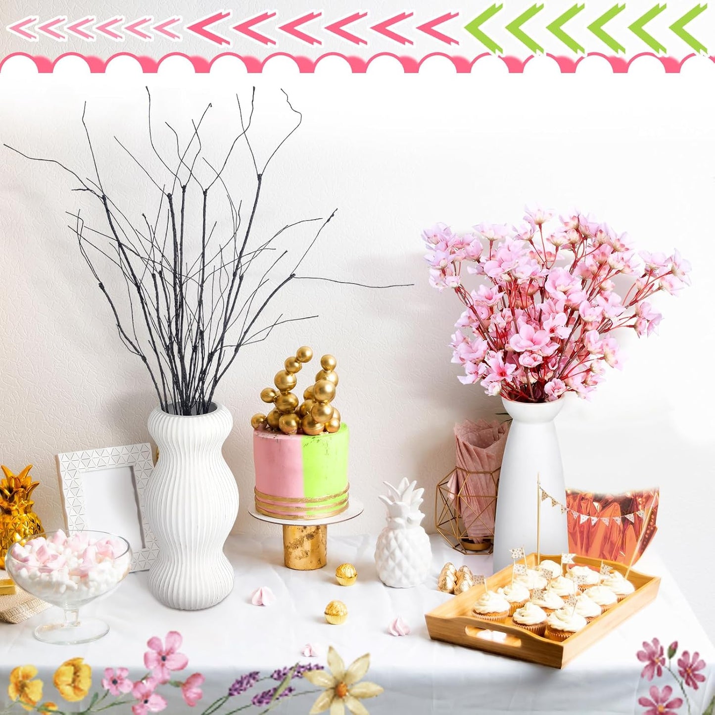 8 Pcs Artificial Cherry Blossom Branches Decor 15.7 Inch Artificial Cherry Flowers 4 Lifelike Curly Willow Branches for Home Indoor Decoration Vase DIY Wedding Table Centerpiece Decors Pink