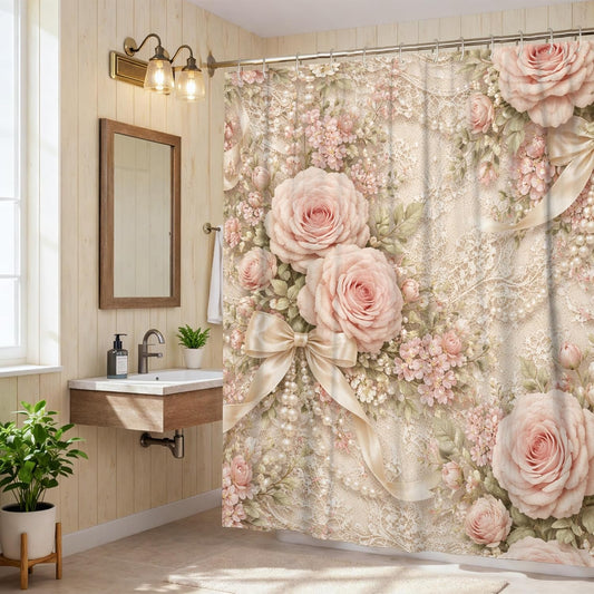 Roses Shower Curtain, Vintage Romantic Bows Lace Spring Peach Waterproof Fabric Design Print Bath Curtains for Home Bathroom Toile Hotel Decor 72x78 Inch