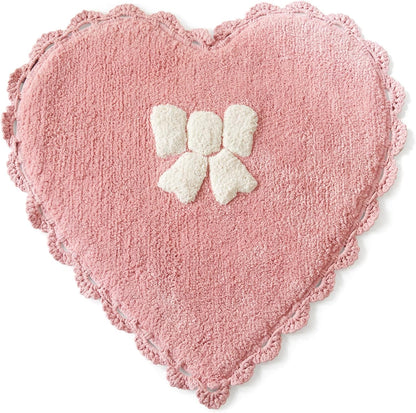 Market & Place Bow Heart Bath Rug, Pink and White Bathroom Mat, Cute Bathroom Decor for Tub and Shower, Cotton Tufted Absorbent Bath Mat, 20" x 26"