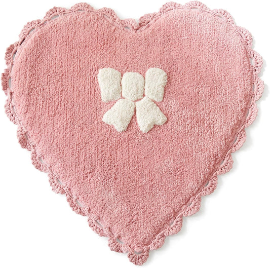 Market & Place Bow Heart Bath Rug, Pink and White Bathroom Mat, Cute Bathroom Decor for Tub and Shower, Cotton Tufted Absorbent Bath Mat, 20" x 26"