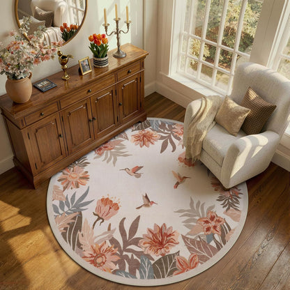 Beeiva Floral Round Rug 4ft for Entryway - Washable Circular Pink Boho Rug for Bedroom, Non Slip Small Rugs Circle Carpet for Dining Room Kitchen Table Flower Print Décor(Beige,Round 4')