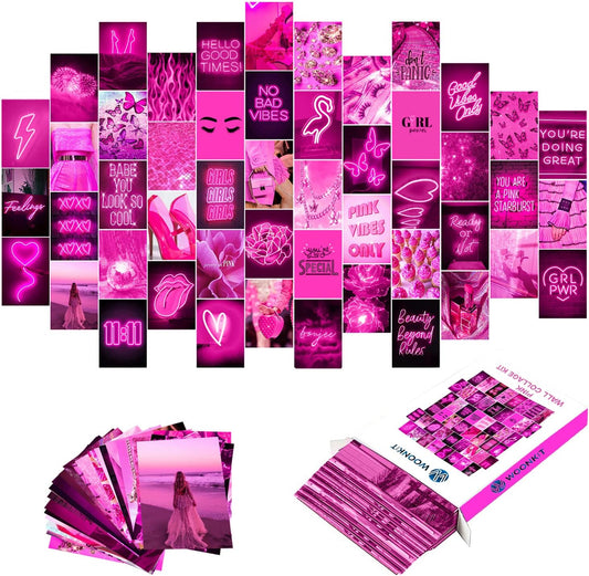 WOONKIT Pink Neon Wall Collage Kit Aesthetic Pictures, Trendy Room Decor for Teen Girls, Pink , 50pcs 4x6 Inch