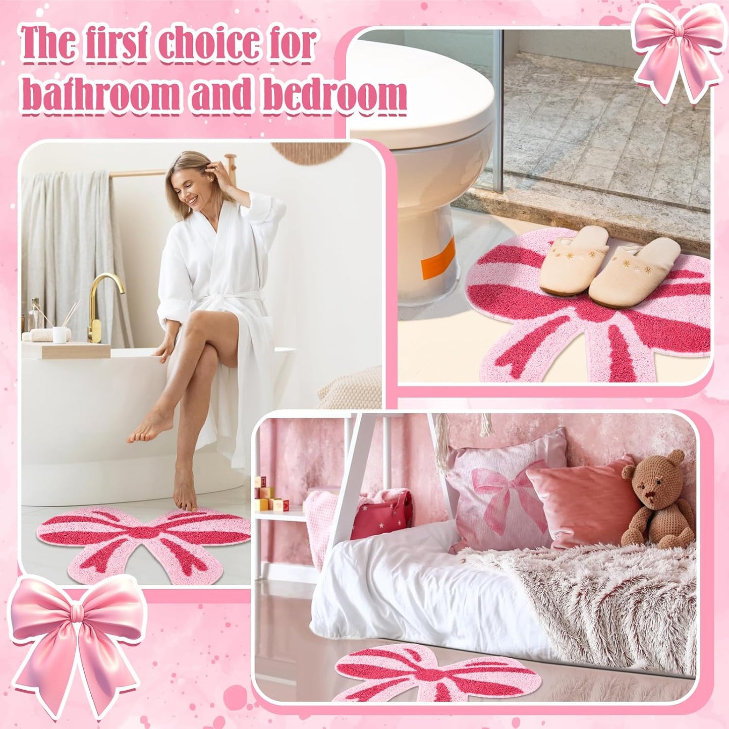 Tinideya Pink Bow Bathroom Mat, 28 x 24 Inch Non Slip Bath Rugs Coquette Bow Bathmat Pink Bowknot Bathroom Rugs Bowknot Shaped Rug Door Welcome Mat for Bathtub Decor Gifts