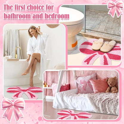 Tinideya Pink Bow Bathroom Mat, 28 x 24 Inch Non Slip Bath Rugs Coquette Bow Bathmat Pink Bowknot Bathroom Rugs Bowknot Shaped Rug Door Welcome Mat for Bathtub Decor Gifts