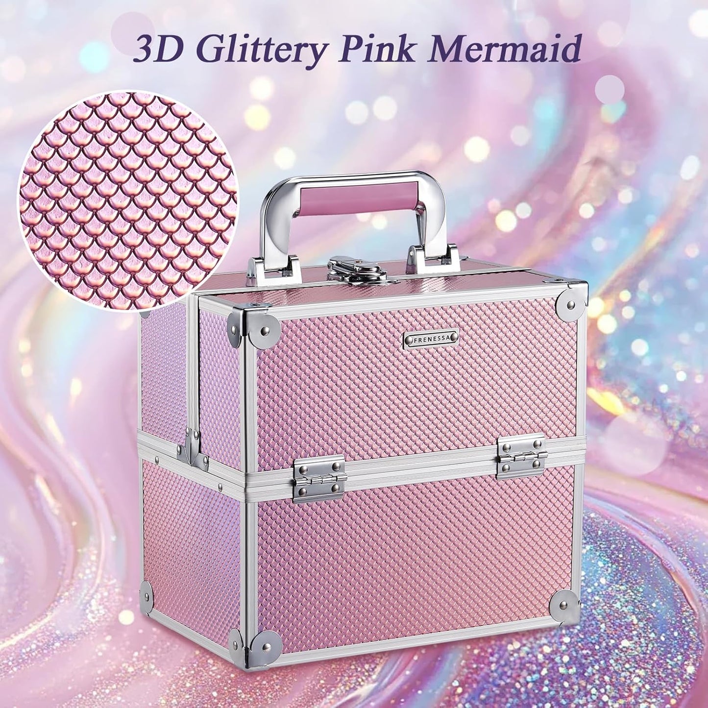 Frenessa Makeup Case Makeup Box Cosmetic Organizer Case Portable Make Up Artist Travel Case Storage Box 4 Trays with Dividers Lockable Hard Train Case Nail Tech Supply Storage Mermaid Pink