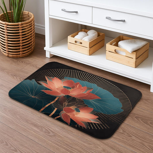Water Lily Floral Quick Dry Bath Mat, Elegant Peach Flowers Leaves Absorbent Non Slip Shower Mat, Modern Flannel Washable Bath Rugs for Bathroom Toilet Restroom Decorative 20x32 Inch
