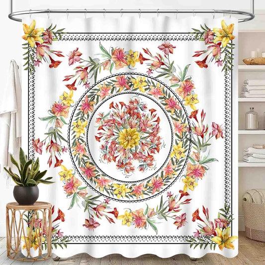Boho Floral Shower Curtain for Bathroom, Hippie Bohemian Pink Spring Floral Medallion Indian Mandala Chic Aesthetical Colorful Waterproof Fabric Shower Curtain Set with Hooks, 72"x84" Inch