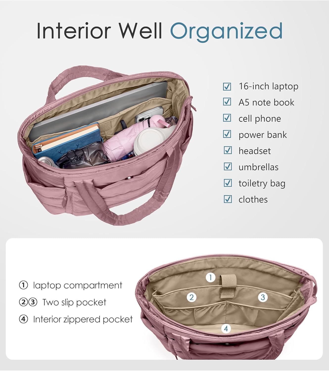 Uselike Tote Bag for Women with Zipper, Quilted Puffer Tote Bag with Compartments, Lightweight Puffy Work Bags for Women